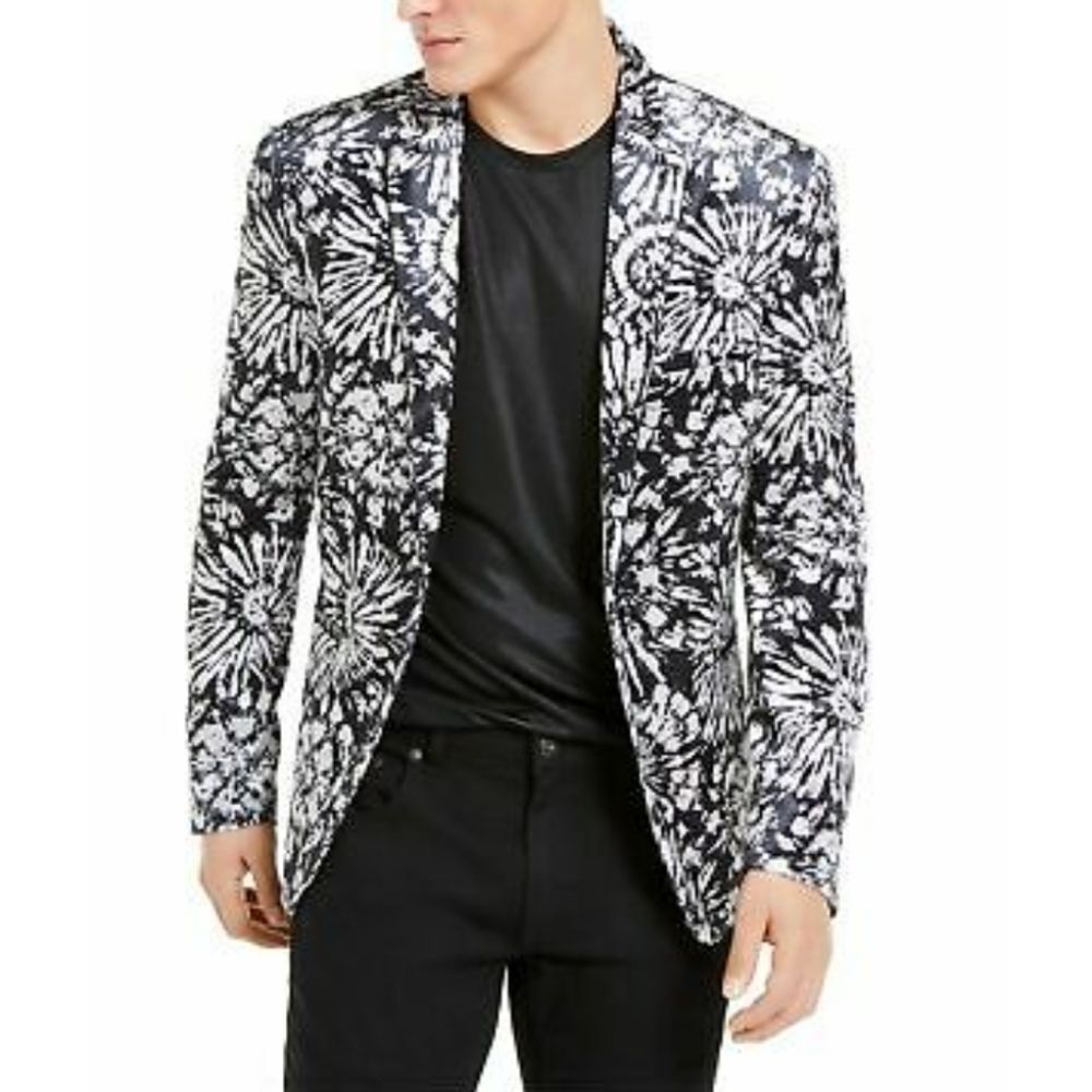 INC Mens Black Single Breasted Printed Slim Fit Blazer M